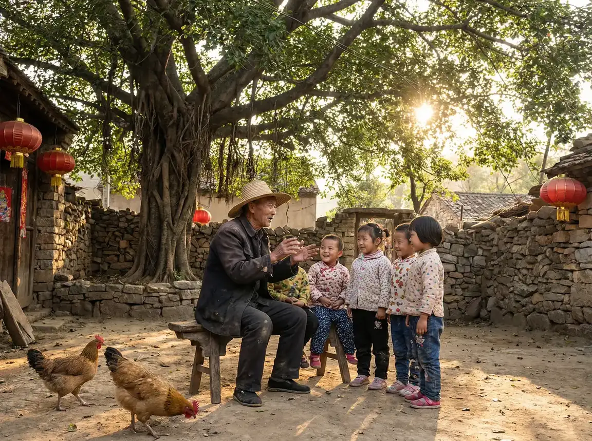老人在大榕树下给孩子们讲故事 - 卡卡动漫 网站 乡村记忆